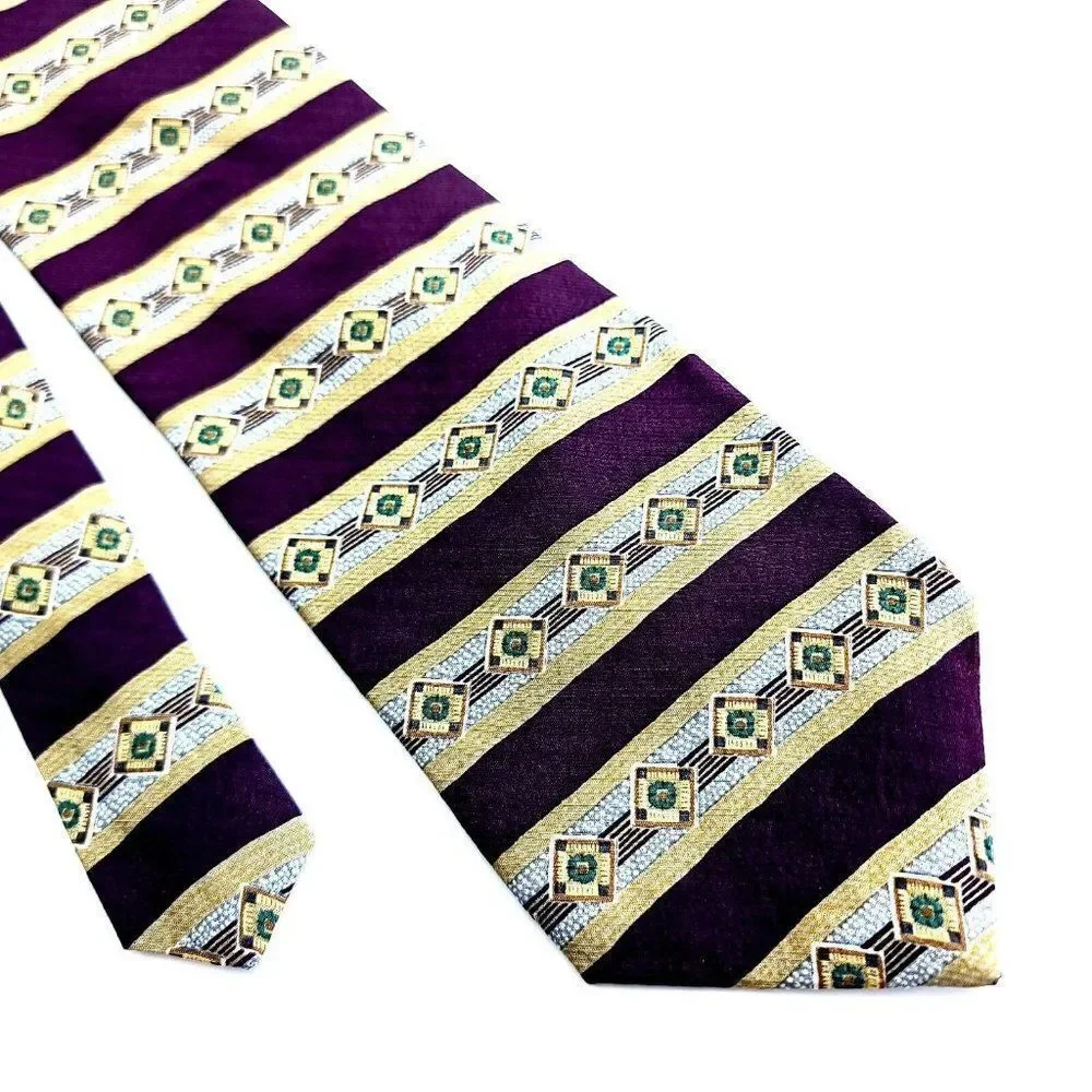 Kenneth Cole Maroon‎ Tan Abstract Striped Print Wide Silk Tie